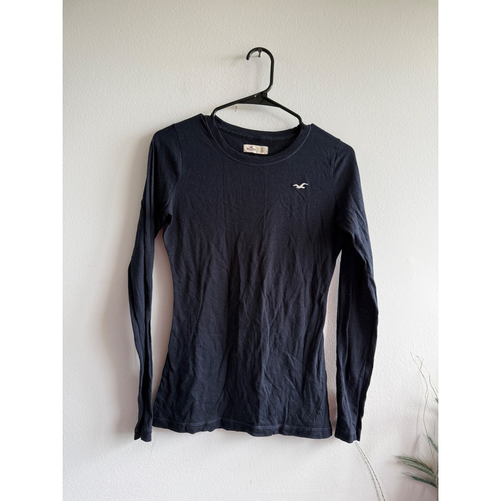 Hollister Womens Long Sleeve Crew Neck T-Shirt Black Slim Fit Seagull Logo S Y2K